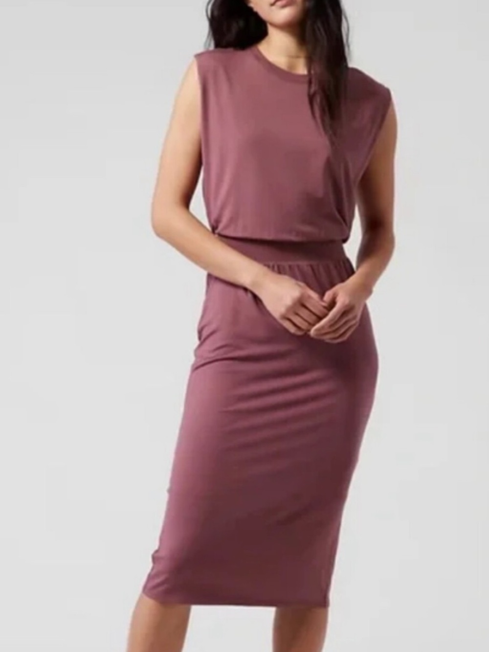 Athleta Santorini Cinch Midi Dress TENCEL Modal Travel Work Minimalist Medium